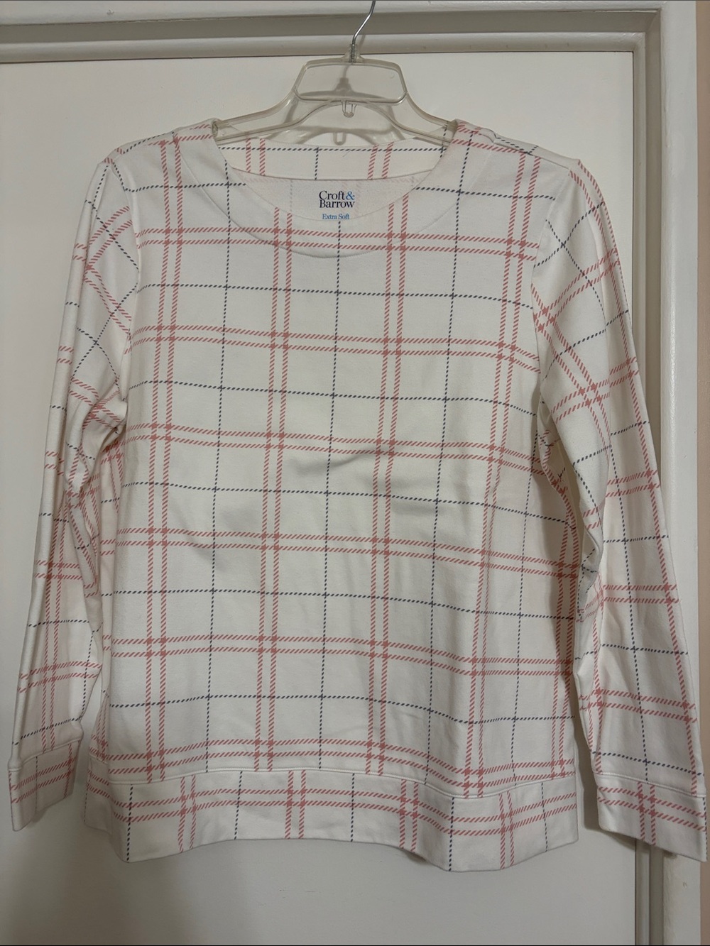 croft & barrow White Long-Sleeve Top with Pink & Black Windowpane Plaid
